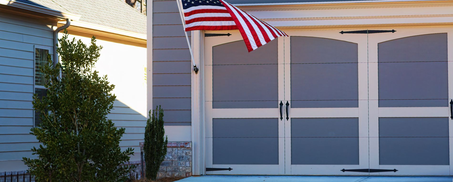 Garage door close up with USA flag